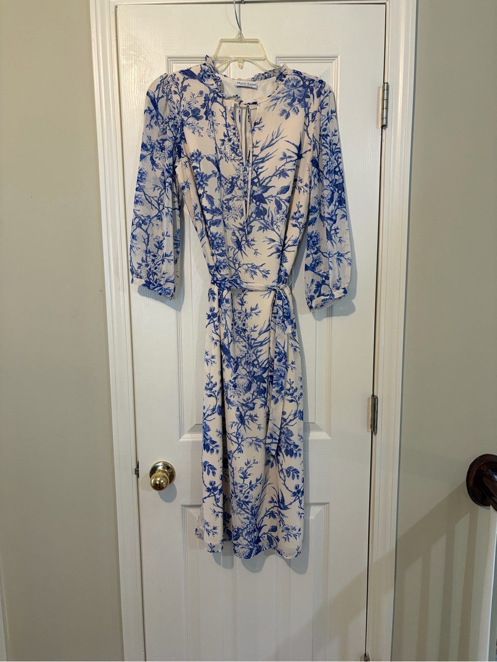 MARIE LUND Copenhagen Blue Cream Floral 3/4 Sleeve Midi Dress Size 34 US 4